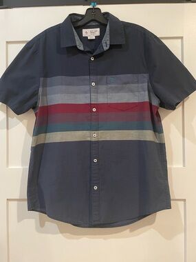 Original Penguin Navy Short-Sleeve Button-Up Shirt with Multicolor Stripes